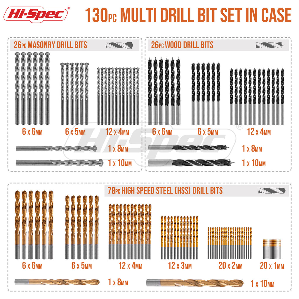 Hi-Spec 130-Piece Drill Bit Set for Wood and Concrete