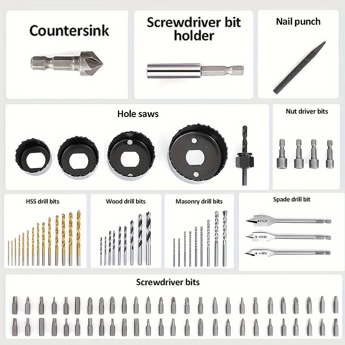 100pcs Drill Bit Set,100 Pieces Impact Driver Bits & Screwdriver Bits Set, for Drilling Metal, Wood, Masonry and Plastic