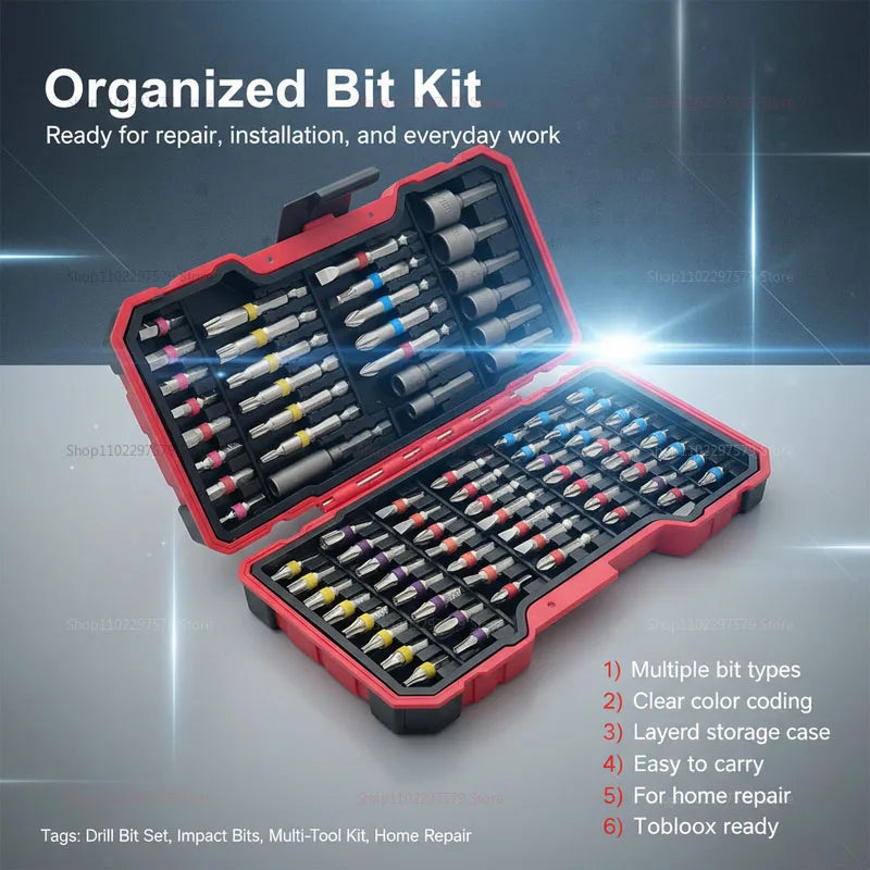 83-Piece Impact Drill Bit Set Multi-Purpose Repair Tool With Magnetic Non-Slip Nut Driver For Car Repair And Furniture Repair.