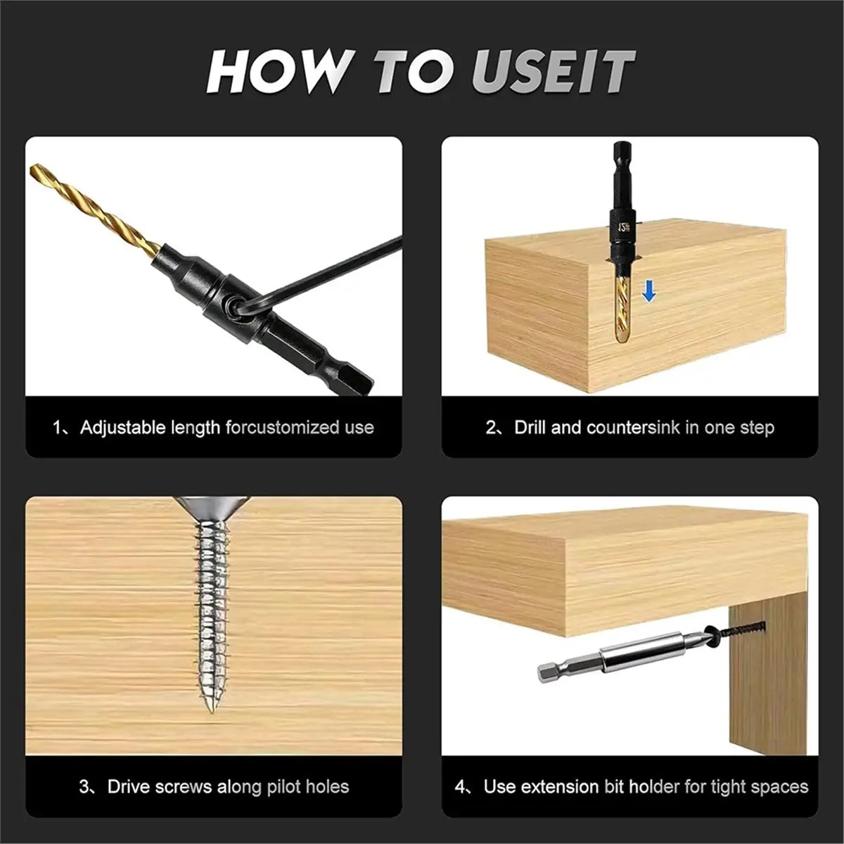 Reliable- 12PC Counter Sink Drill Bit Set for Wood - 5/ 6/ 8/ 10/ 12 Sizes, Adjustable, Precise Drilling, Easy to Disassemble