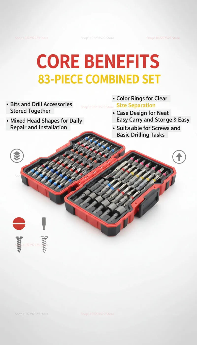 83-Piece Impact Drill Bit Set Multi-Purpose Repair Tool With Magnetic Non-Slip Nut Driver For Car Repair And Furniture Repair.