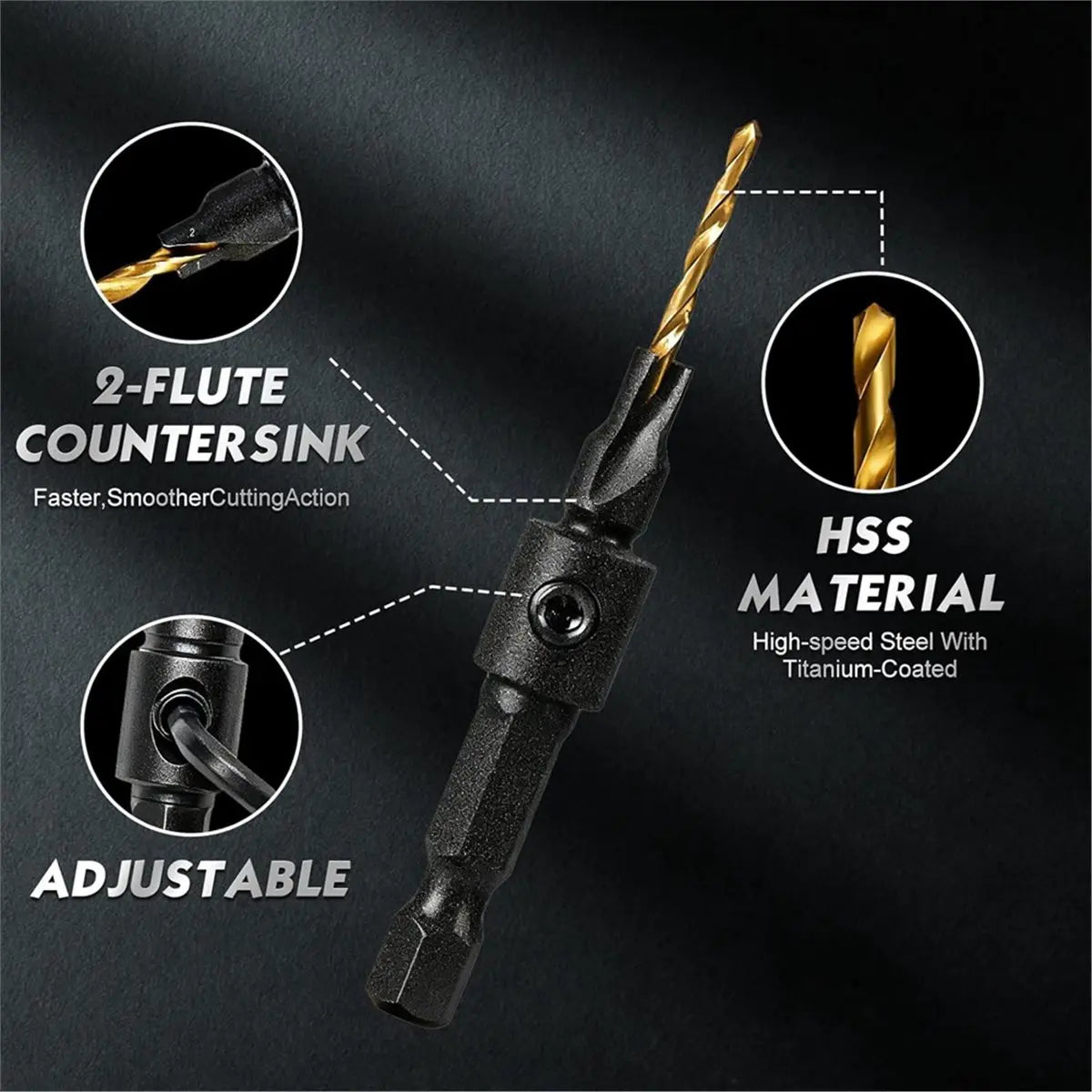 Reliable- 12PC Counter Sink Drill Bit Set for Wood - 5/ 6/ 8/ 10/ 12 Sizes, Adjustable, Precise Drilling, Easy to Disassemble