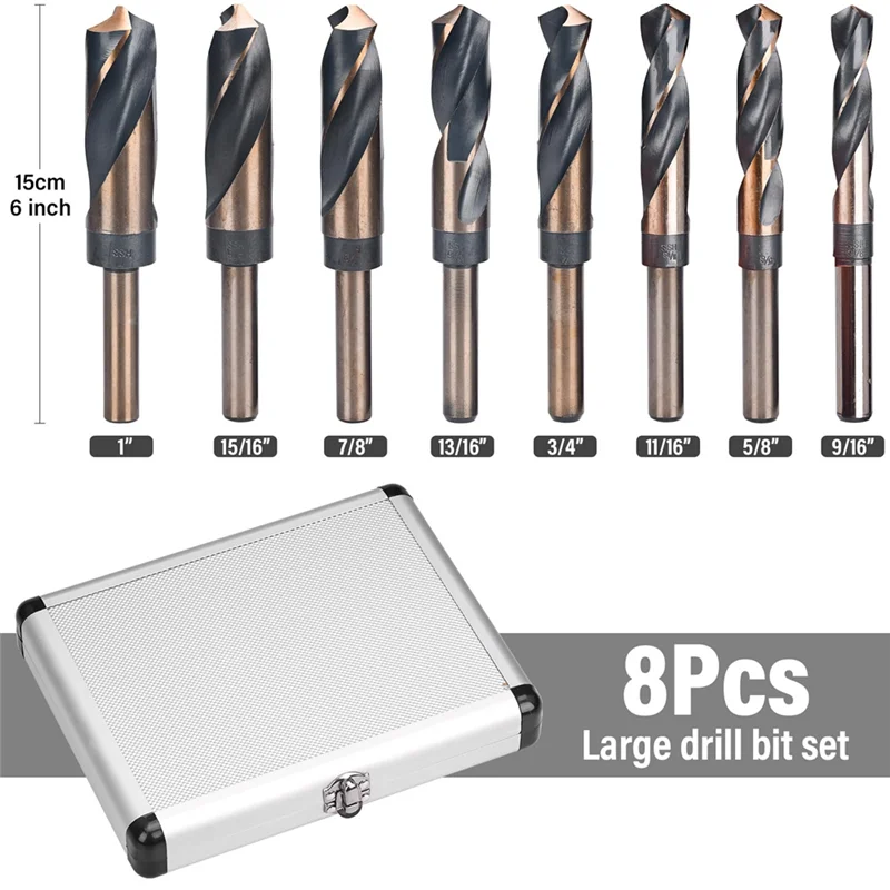 BHBD-8 Piece Silver And Deming Drill-Bit Set Reduced Shank Drill Bit Set 1/2-Inch-Diameter Shank, 9/16-Inch To 1-Inch Sizes